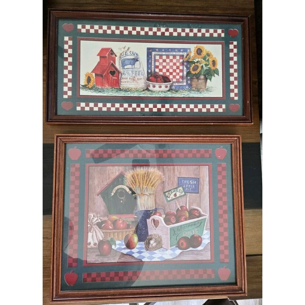 S/2 Vintage Home Interior Country Apples Double Matted Dark Wood Framed W Glass